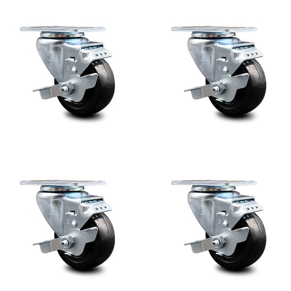 3.5 Inch Hard Rubber Wheel Swivel Top Plate Caster Set with Brake